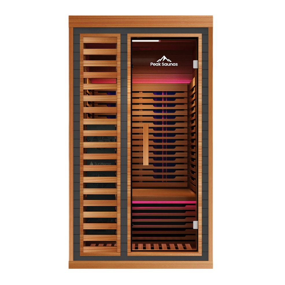 Peak Saunas Rainier 1-Person Full Spectrum Infrared Sauna with Built-In XL Medical-Grade Red Light Therapy & Smart WiFi App Control